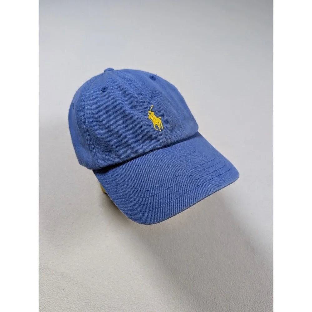 Vintage 90’s POLO Ralph Lauren Blue Yellow Pony Leather Strap Dad Hat Cap Y2K